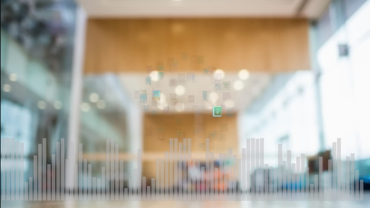 흐릿한 현대 사무실 인테리어 위에서 디지털 데이터 애니메이션을 처리하는 것