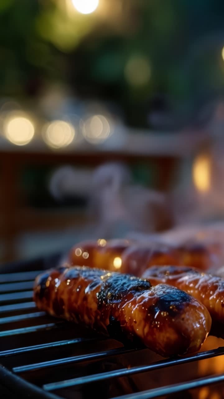 Delicious sausages sizzling on a grill, showcasing a beautifully caramelized exterior, set against a soft, blurred backdrop of a cozy outdoor atmosphere
