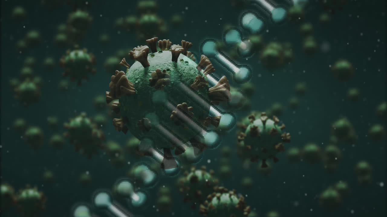 dna 구조와 녹색 배경에 있는 코로나19 세포