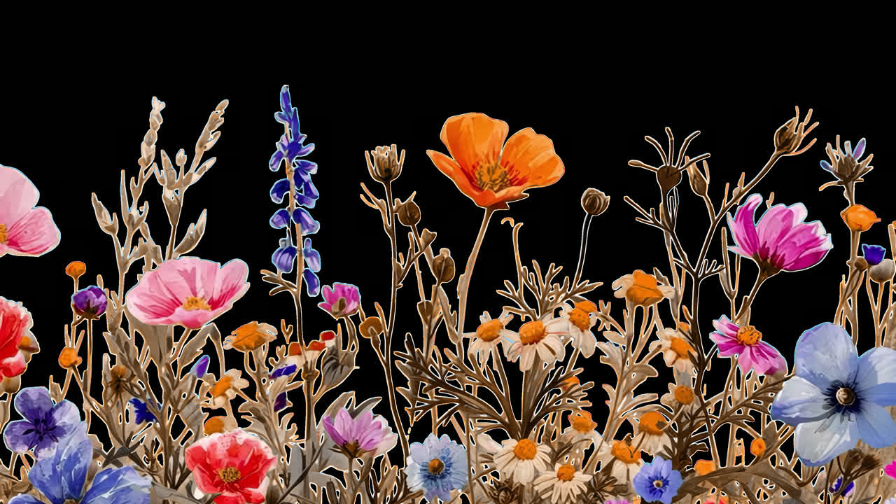 Vibrant wildflowers on peach background animated overlay, transparent 4K video, alpha channel