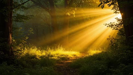 a serene forest scene bathed in golden light: rays of sunlight filtering through trees create a magical atmosphere in nature's embrace