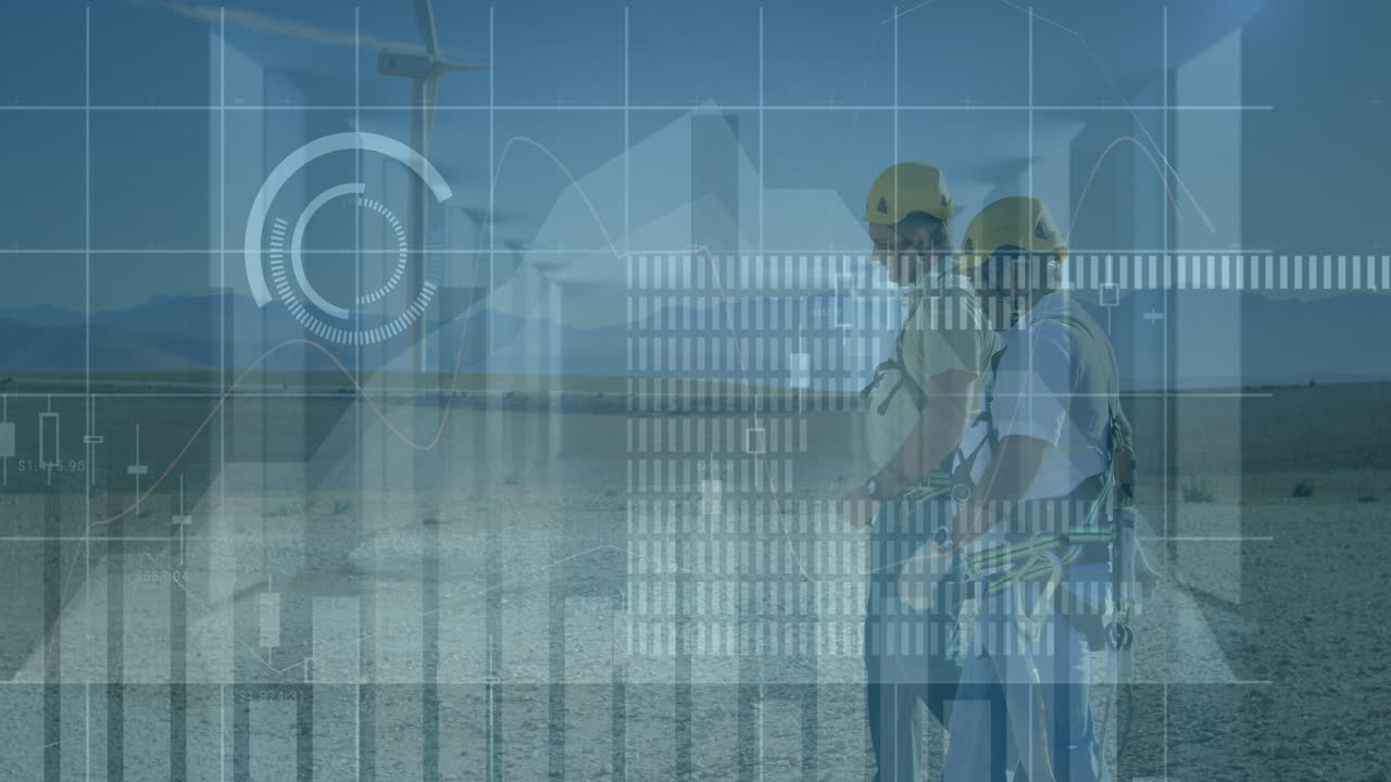 animación de datos financieros y gráficos sobre diversos ingenieros y turbinas eólicas
