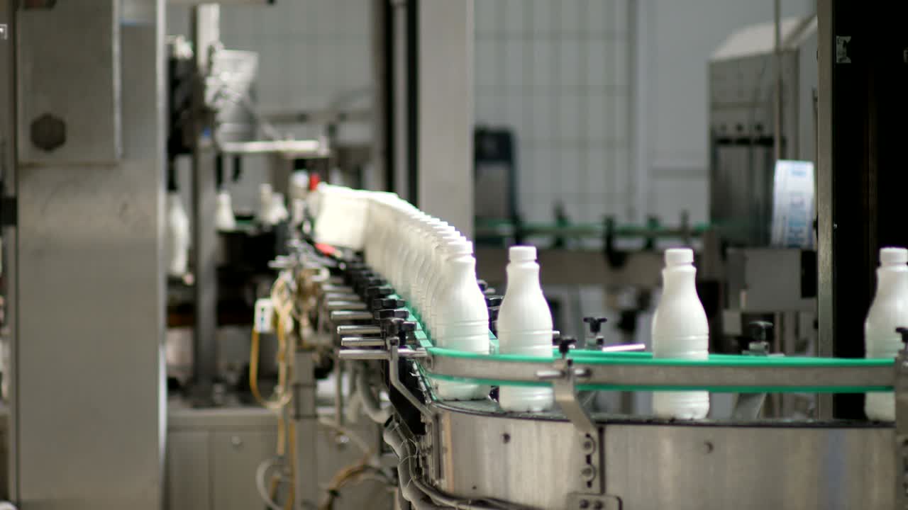 Footage of milk bottles at the production line in a milk company
