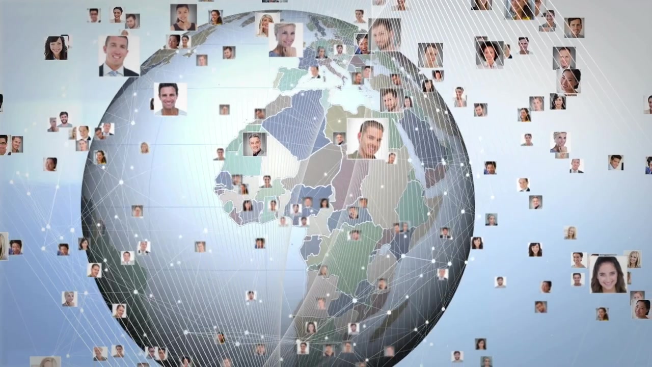Animación de iconos de personas diversas y una red de conexiones sobre un globo terráqueo