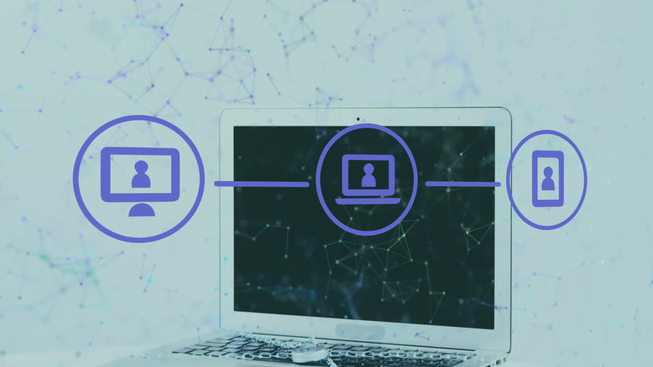animación de la red de conexiones e iconos digitales sobre el portátil contra un fondo gris.