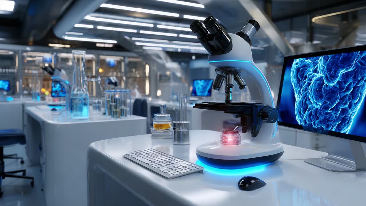 High-Tech Laboratory Featuring a Modern Microscope on a Sleek White Desk Surrounded by Scientific Equipment, Including Beakers, Test Tubes, and a Computer Displaying Complex Molecular Structures