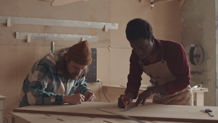 Two Multiethnic Craftsmen Drawing on Wooden Board