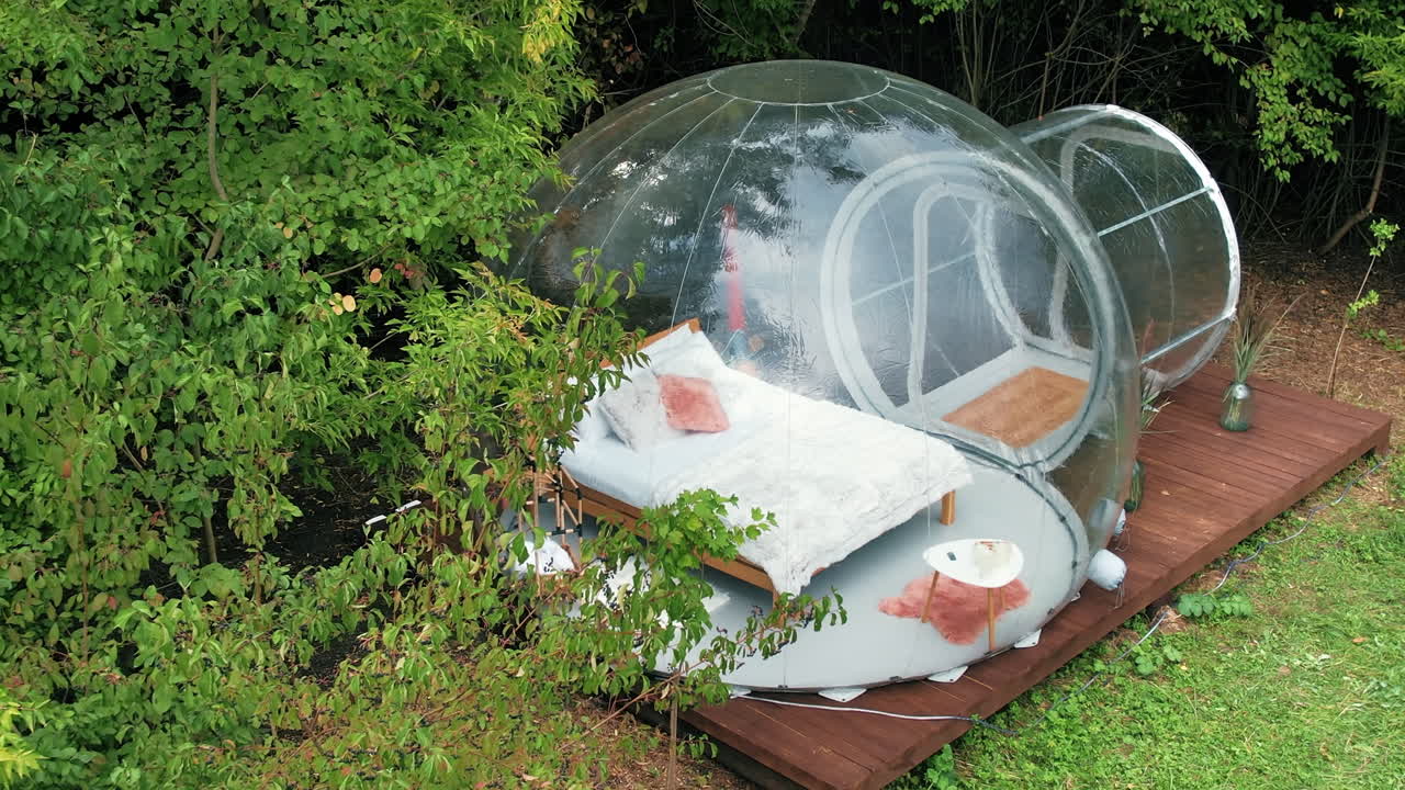 Transparent bubble tent at glamping, Lush forest around and interior