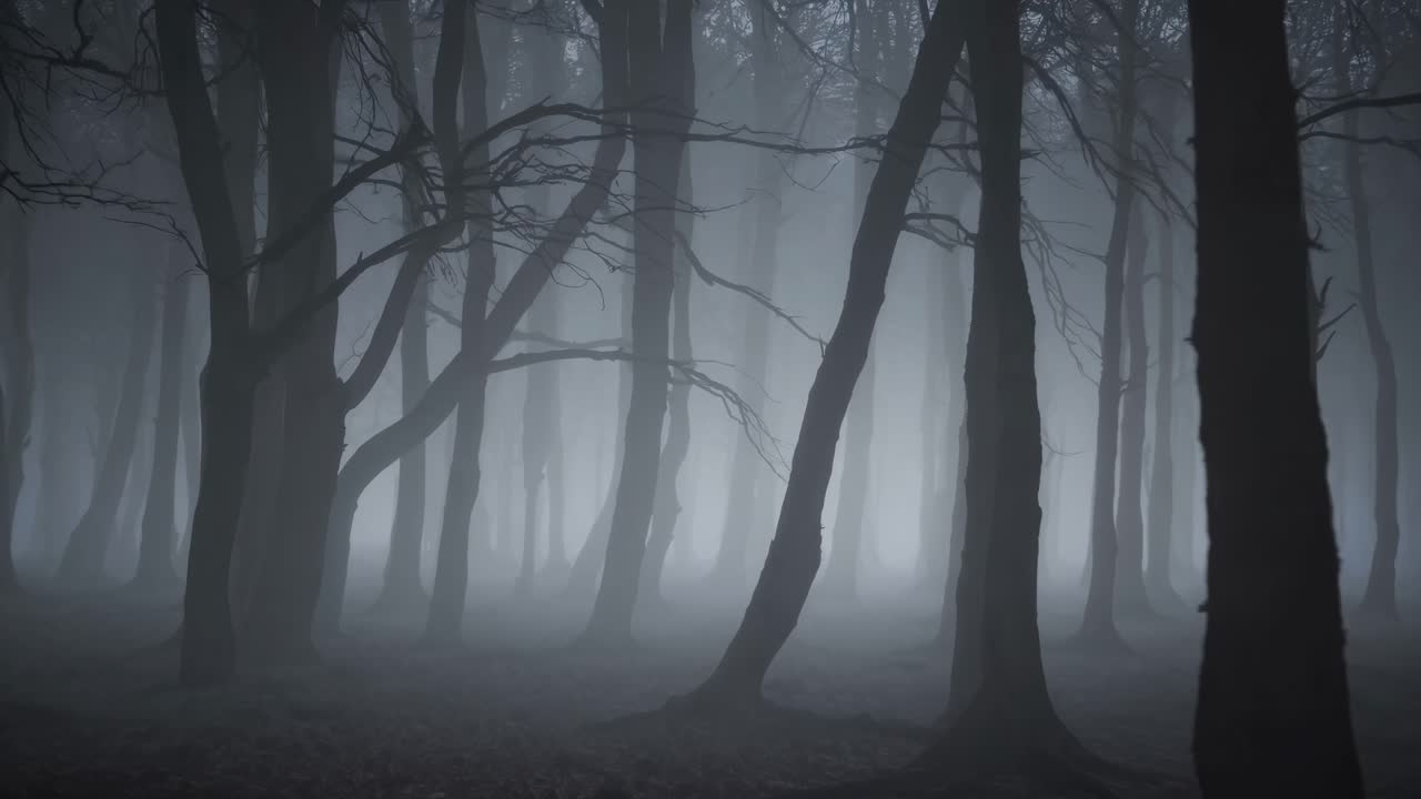 Dense fog enveloping a dark, mysterious forest creates an eerie atmosphere, with tall, silhouetted trees casting haunting shadows in the tranquil landscape