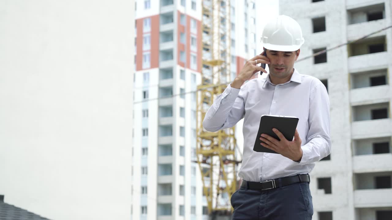 ingeniero hombre con tableta hablando en teléfono móvil y comprobando el proceso de tecnología de construcción