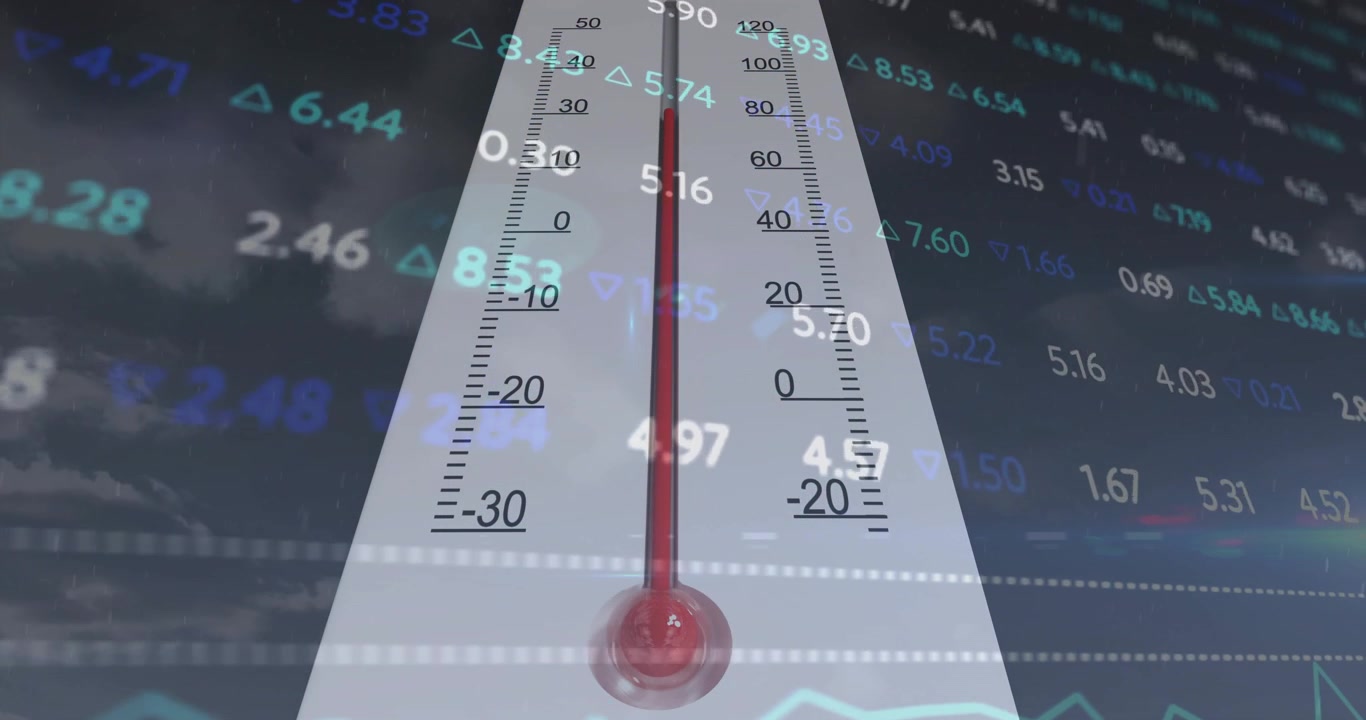 Termometro sovrapposto a dati finanziari di borsa e sfondo meteorologico