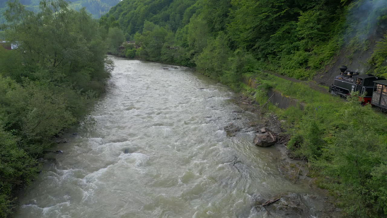 Aerial view of Mocanita, a narrow gauge railway, traversing the picturesque landscapes of the Vaser Valley in Romania