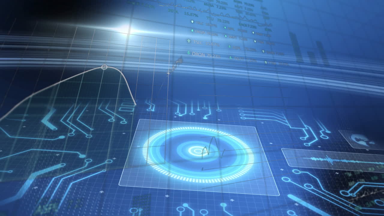 Digital animation with glowing blue circuits and data processing elements