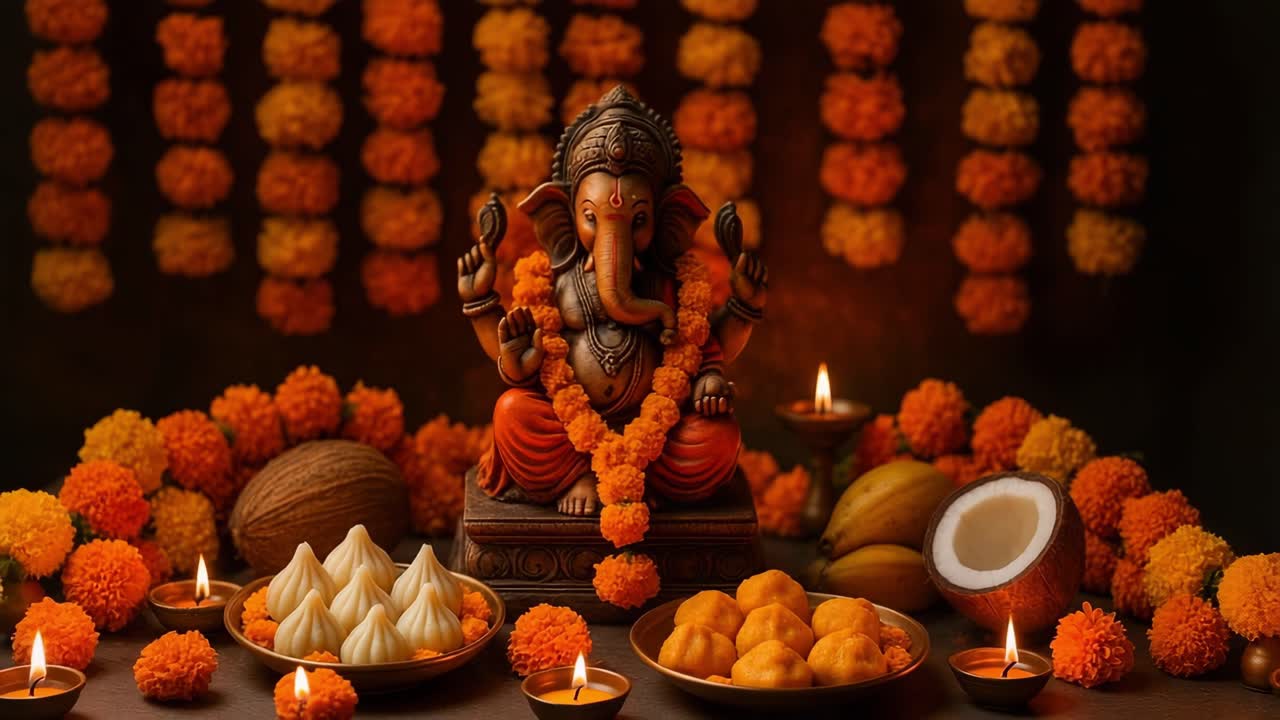 Ganesh idol with traditional offerings
