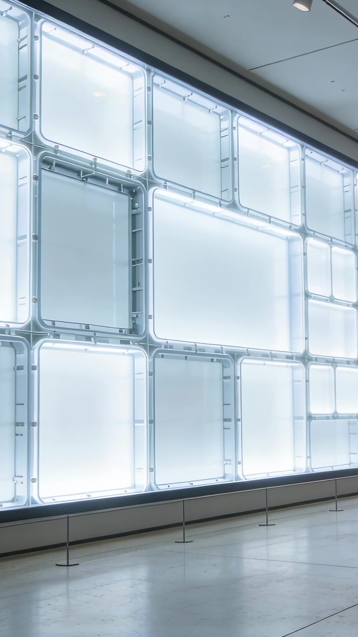 Vertical video: Entering left, walking men passing lit wall in hall, jackets packs, copy space