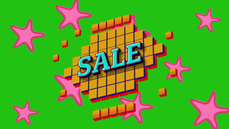 animación del texto de venta en azul en cuadrados amarillos sobre estrellas rosadas y fondo verde