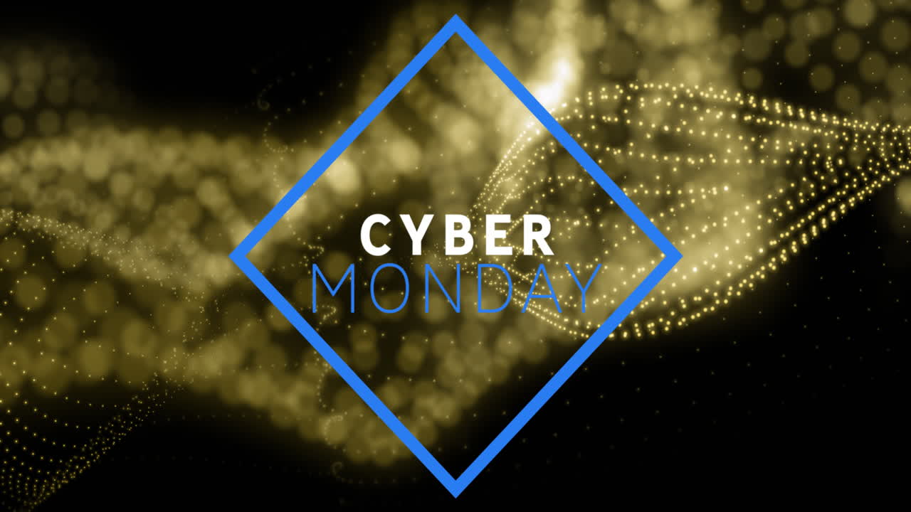 Animation af teksten 'Cyber Monday' over en guldbølge på sort baggrund