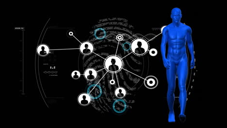 animación de procesamiento de datos y humano digital en fondo negro