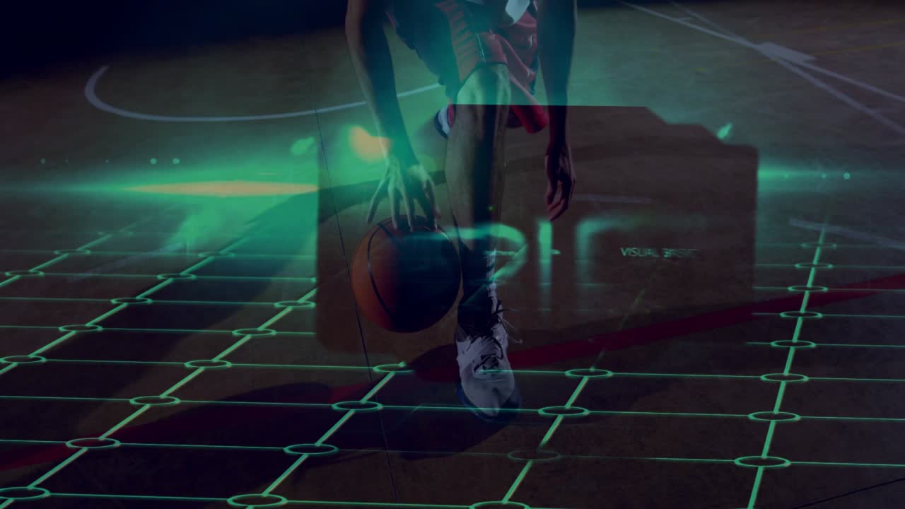 Athlete dribbling low on dim court, activating neon grid HUD, showing tech data, obscuring ball