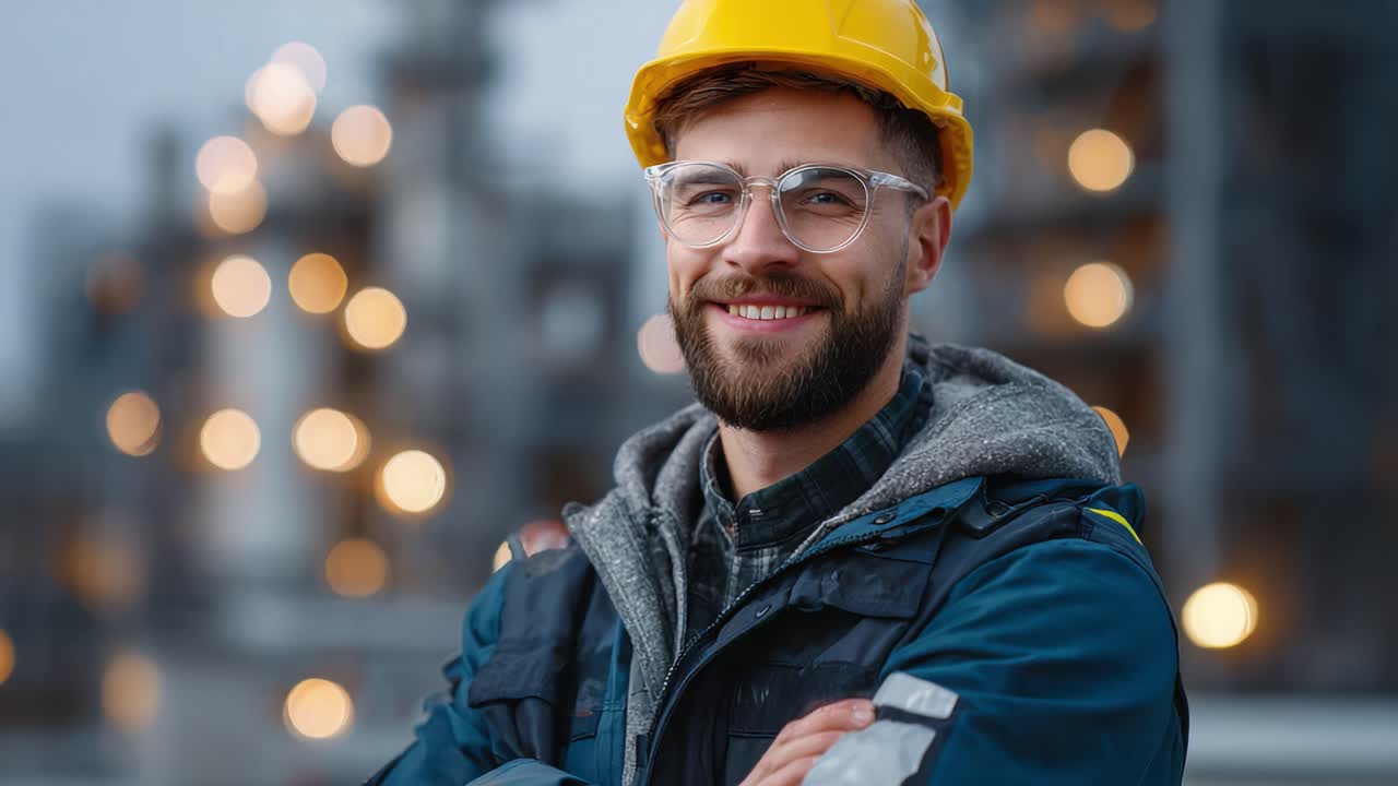 Confident Worker in Safety Gear Smiling at Construction Site with Industrial Background and Bokeh Lights, Showcasing Professionalism and Team Spirit