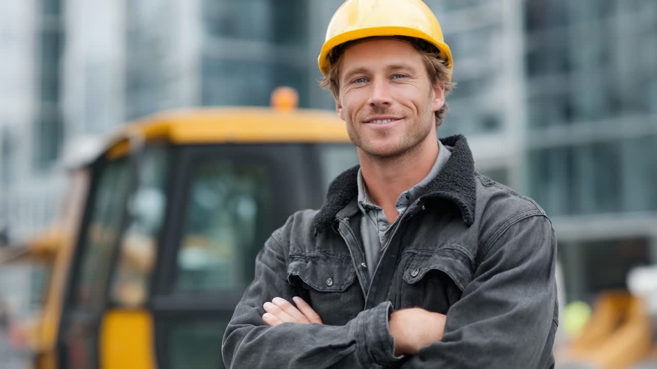 Confident Construction Worker Smiling in Front of Heavy Machinery, Representing Dedication and Hard Work in the Construction Industry