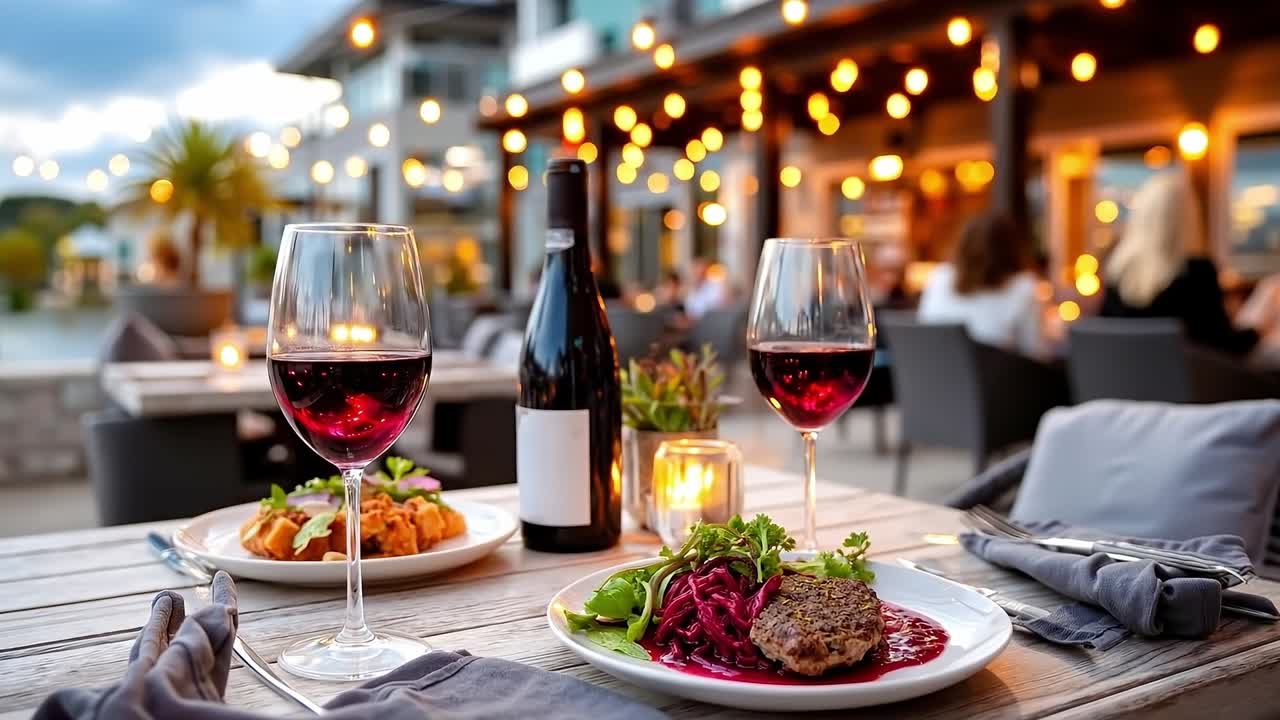 와인 두 잔과 음식 한 접시 를 가진 테이블