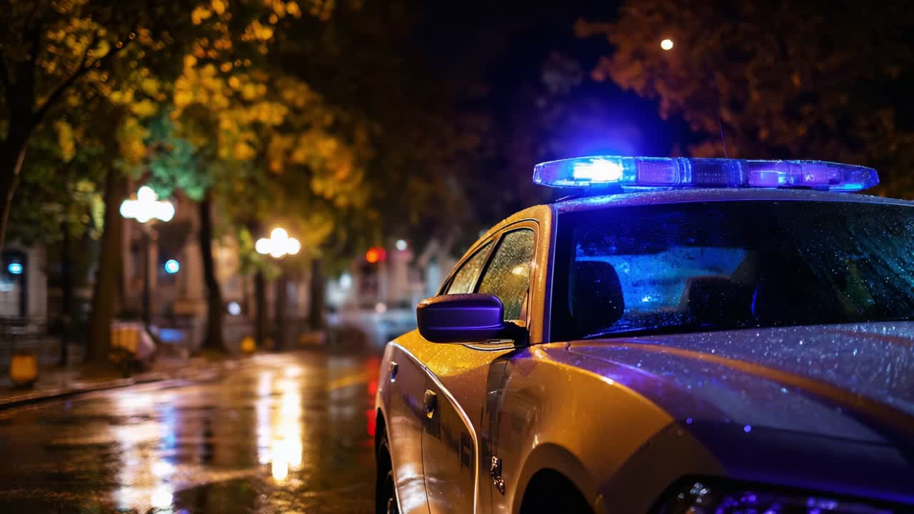A striking nighttime scene captures a police vehicle parked under vibrant blue lights as rain glistens on the asphalt, emphasizing the atmosphere of urban vigilance and law enforcement during late hours