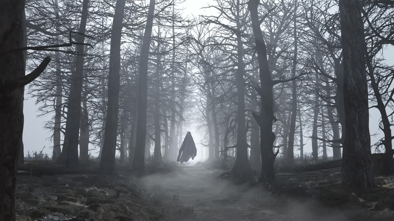 Bucle de bosque oscuro y aterrador con fantasmas voladores