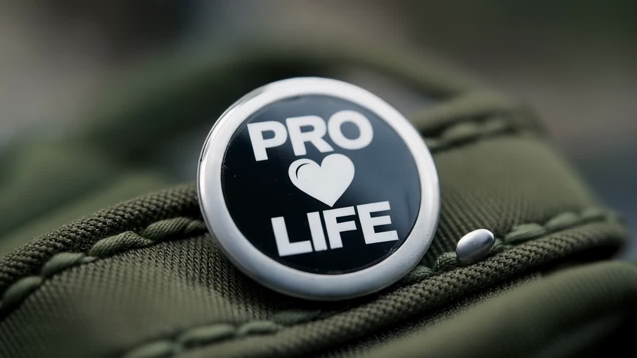 Spostamento dell'angolazione della camera che mette a fuoco la spilla LIFE a forma di cuore PRO sul tessuto di una giacca verde oliva