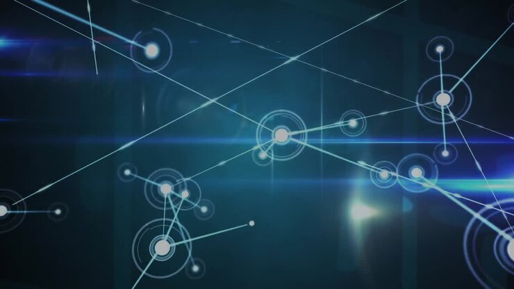 Animation of dots connected with lines over lens flares against blue background