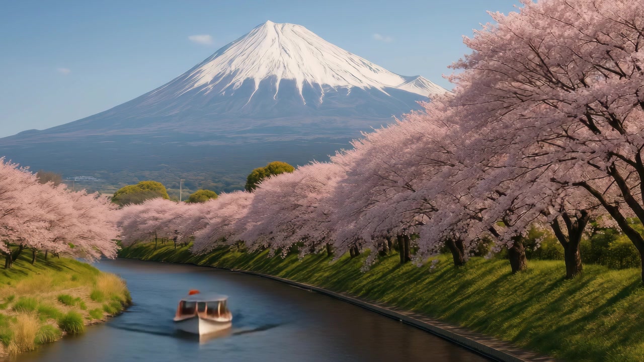 เรือลำเล็กแล่นอยู่ในแม่น้ำพร้อมภูเขาไฟฟูจิและดอกซากุระ