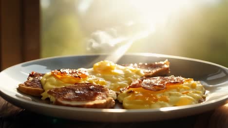 tomada de cerca que muestra el vapor que se levanta de un plato de tocino y huevos recién cocidos, hermosamente iluminado por la cálida luz del sol, creando una escena de desayuno acogedora y apetitosa