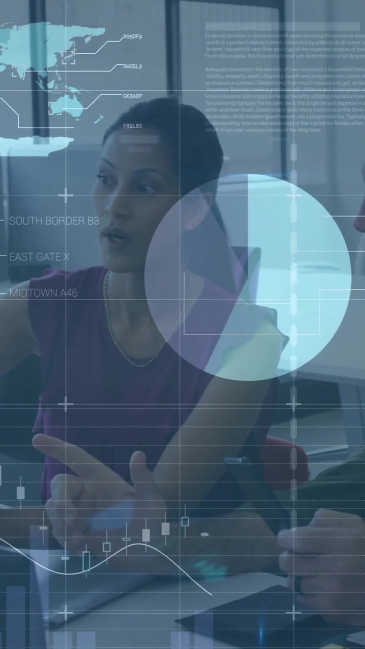 Animation of financial data processing over diverse business people in office
