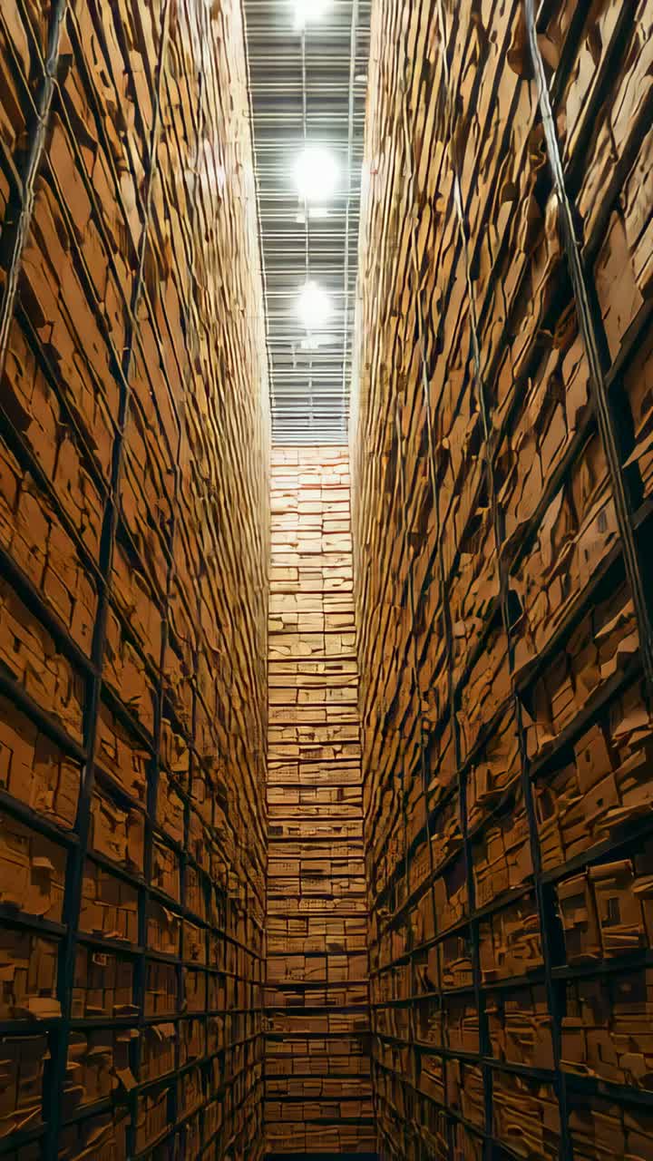 Vertical video: Tilting camera moving forward revealing narrow aisle, brown boxes and metal racks