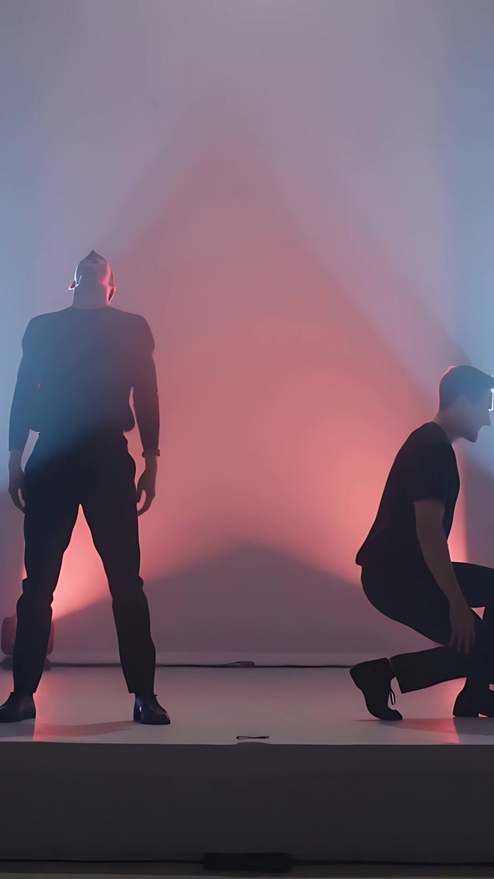 Video vertical: Dos bailarines realizan un dúo en el escenario, moviéndose al ritmo de las luces, cruzándose, alternando posiciones y arrodillándose.
