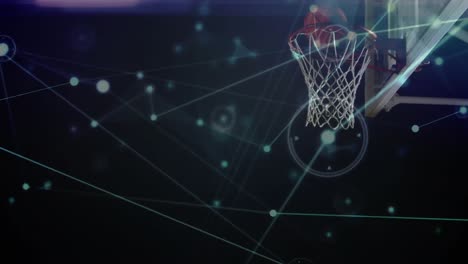 animation of networks of connections over mixed race male basketball player at gym