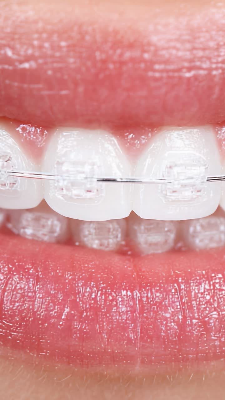 Transformative Journey of Orthodontic Braces: A Close-Up View of a Smile with Clear Braces, Highlighting Dental Aesthetics and Alignment Progress Over Time