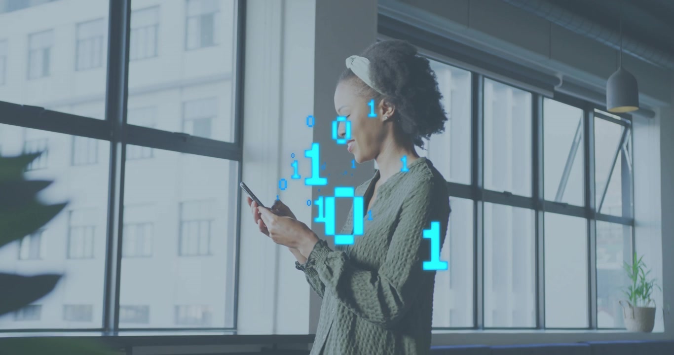 Tech woman tapping smartphone screen and activating binary overlay revealing technology insights