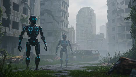 two futuristic robots navigating through a post-apocalyptic urban landscape, surrounded by crumbling buildings and overgrown vegetation, symbolizing resilience and technology's evolution