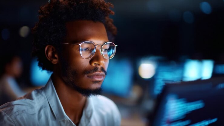 Focused Professional Engaged in Deep Work at Computer Terminal in Modern Office Environment, Highlighting Thoughtfulness and Concentration on a Project