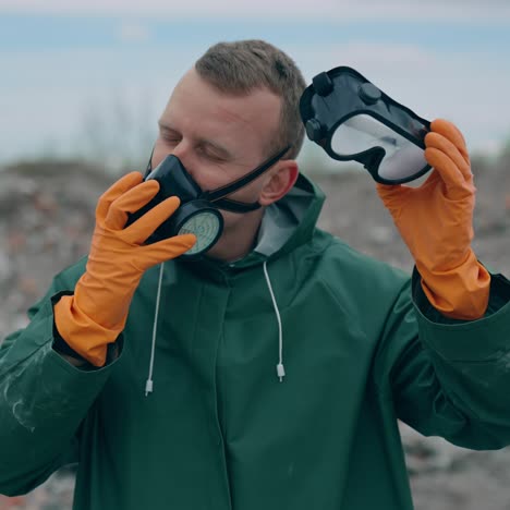 apocalypse man with gas mask in ruins. portrait of man in the gas masks and protective clothes on the ruined background