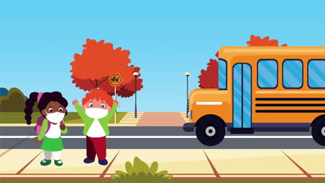 little students kids wearing medical masks in bus characters