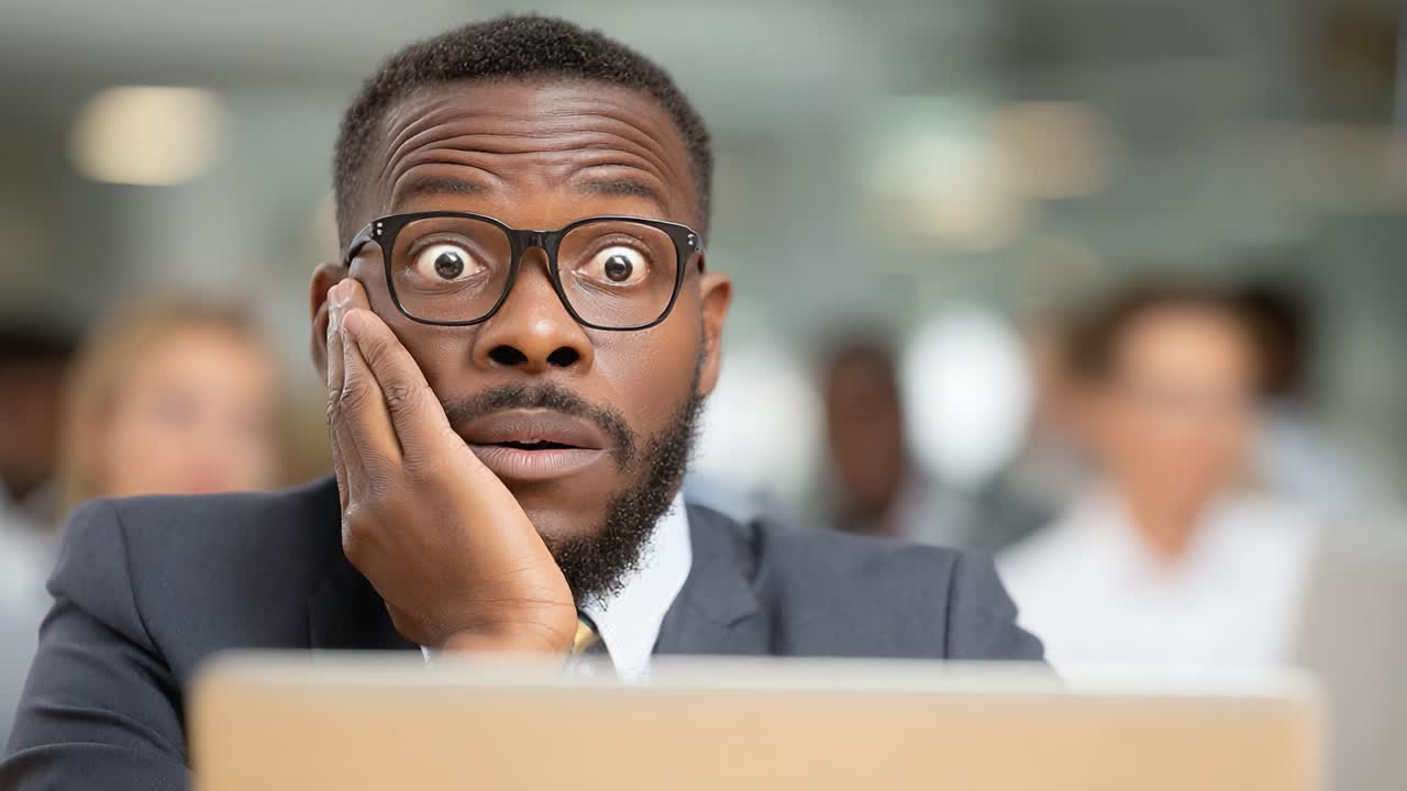 A Professional's Shocked Expression Captured in Two Frames, Illustrating a Moment of Surprise and Disbelief During a Serious Business Situation
