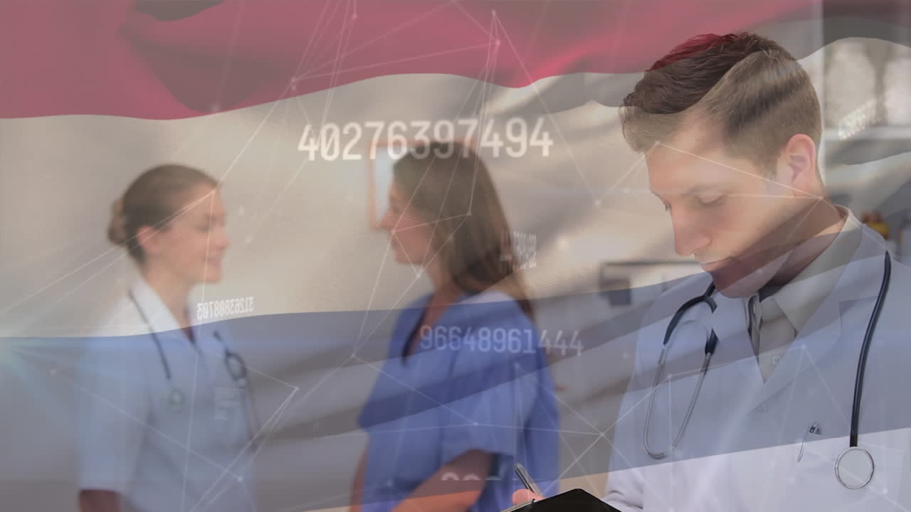 네덜란드 발을 흔들고 백인 남성 의사가 병원에서 클립보드에 글을 쓰는 애니메이션