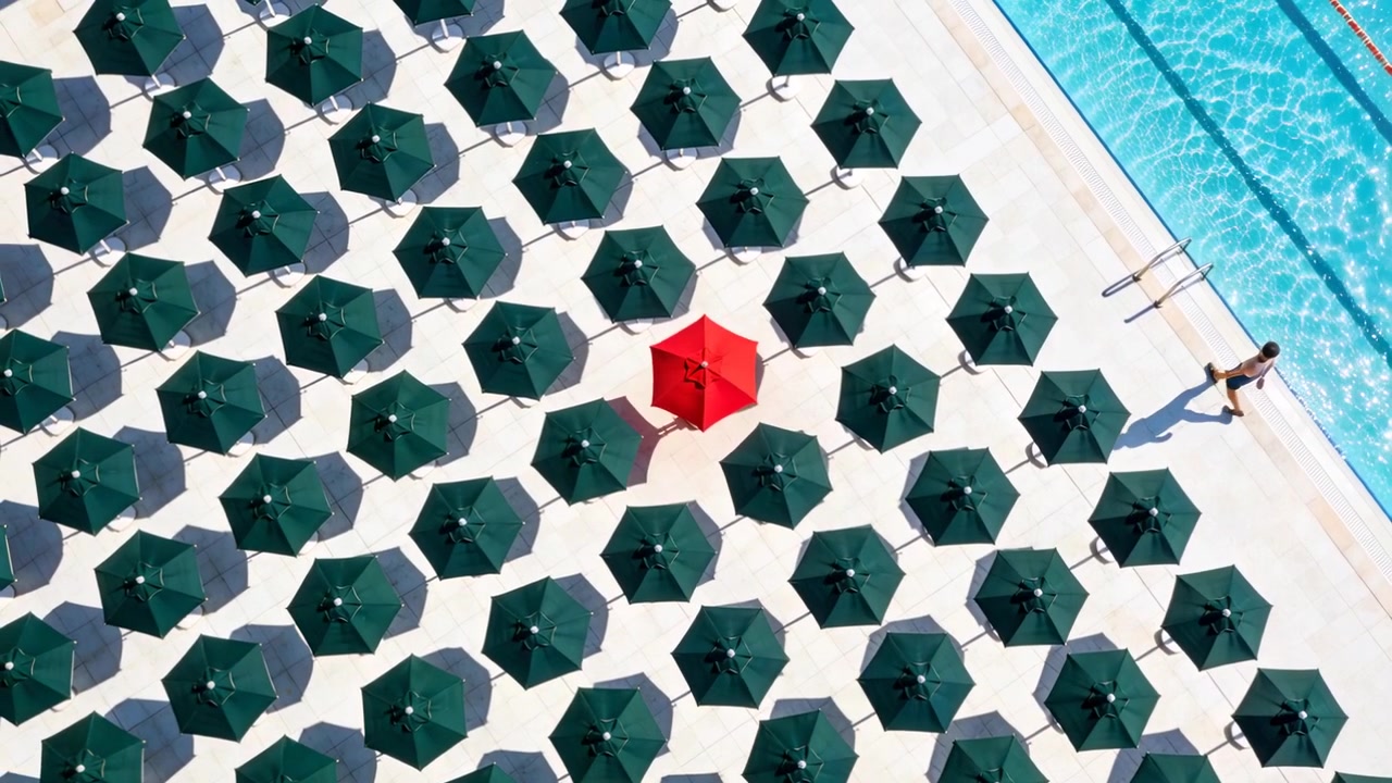 Un uomo che appare, con costume da bagno scuro, cammina verso una scaletta vicino a un ombrellone rosso per nuotare, con spazio per il testo.