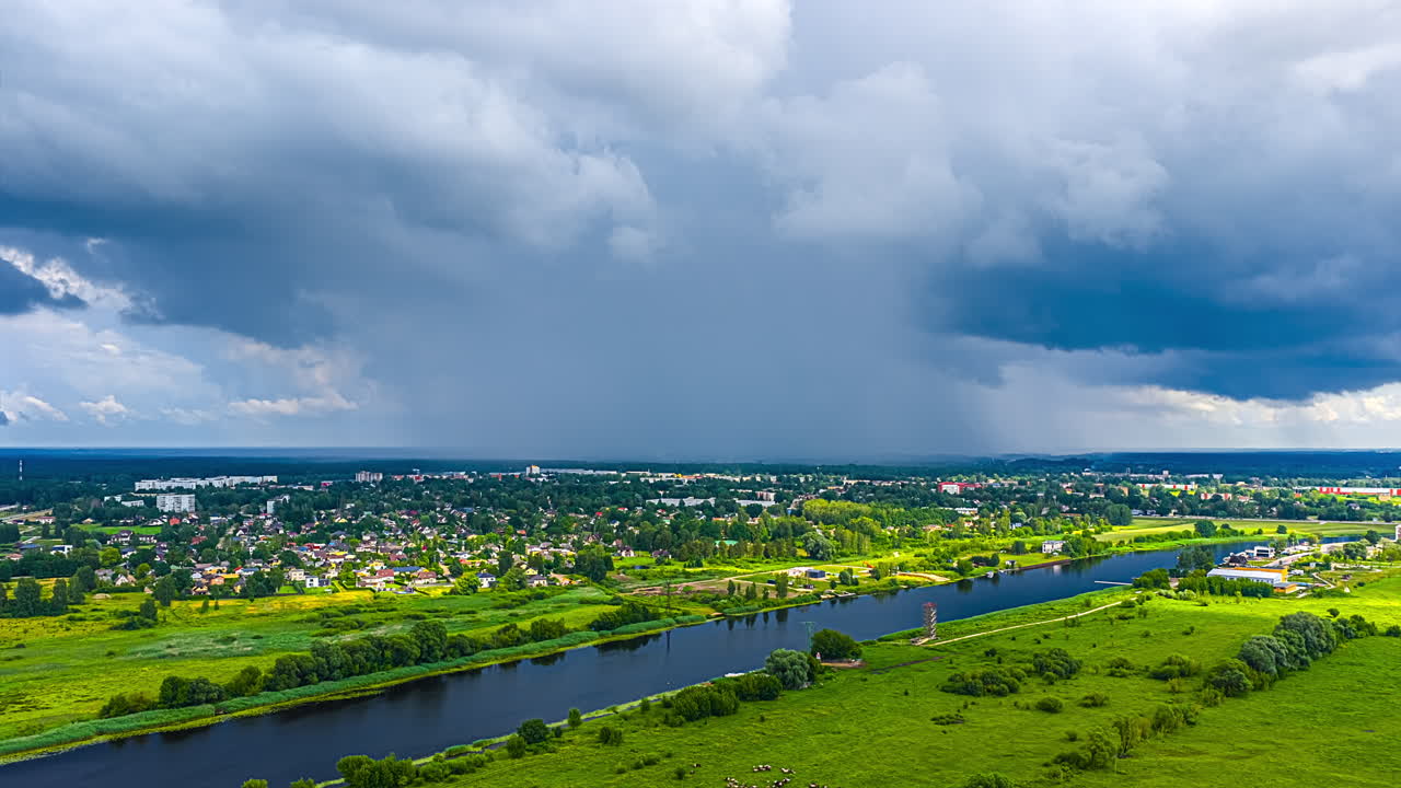 Panoramic Aerial View Of Jelgava Town Along The Lielupe River In Latvia. Timelapse
