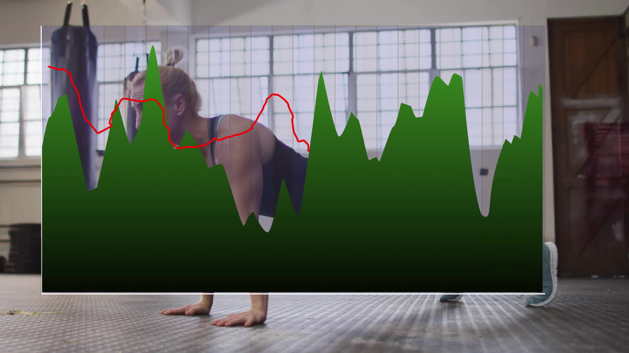 In gym, woman exercising with animation of fitness data graph overlay