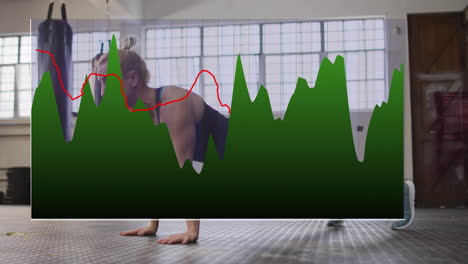 in gym, woman exercising with animation of fitness data graph overlay