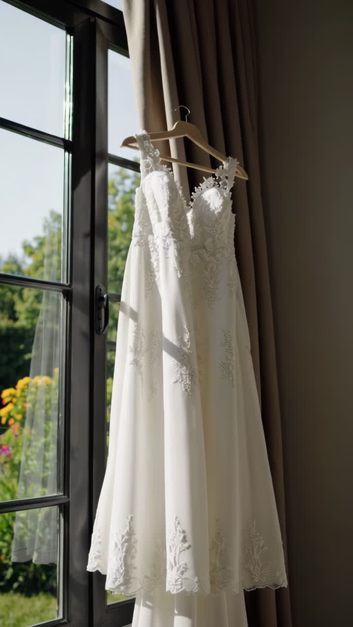 Elegant Wedding Dress Hanging by a Window