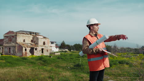 disapponted architect giving orders to the workers at the construction site